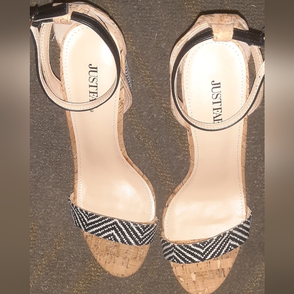 Justfab size 10 mixed patterns black natural cork 4 inch heels brand new - Picture 4 of 6